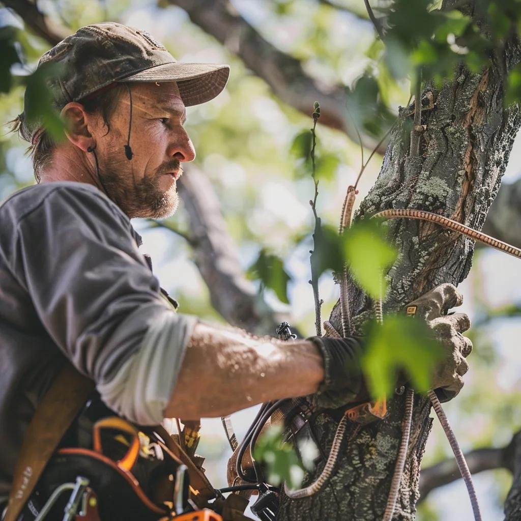 ISA certified arborist inspecting a tree's health in a residential yard