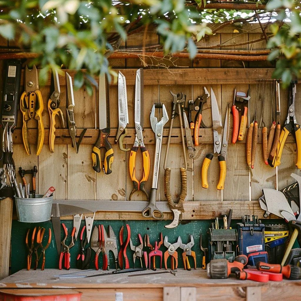 Essential tree pruning tools including shears, loppers, and saws arranged on a workbench with safety gear