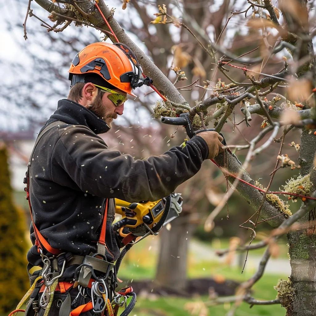 Certified arborist demonstrating tree pruning techniques in a residential yard